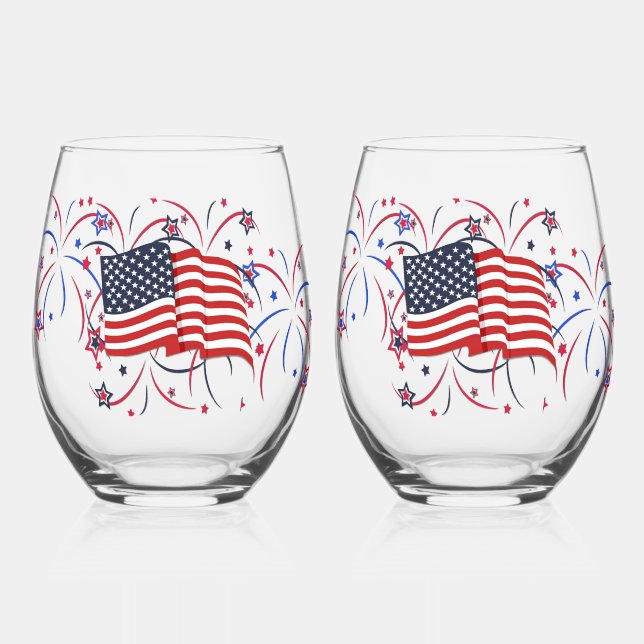 Vaso De Vino Bandera estadounidense y fuegos artificiales (Anverso)