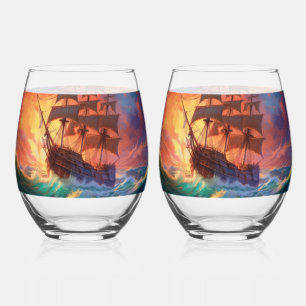 Vaso De Vino Barco de Vela en un Mar Tempestuoso