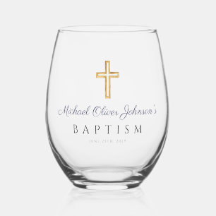 Vaso De Vino Bautismo de niño con escritura azul de la cruz rel