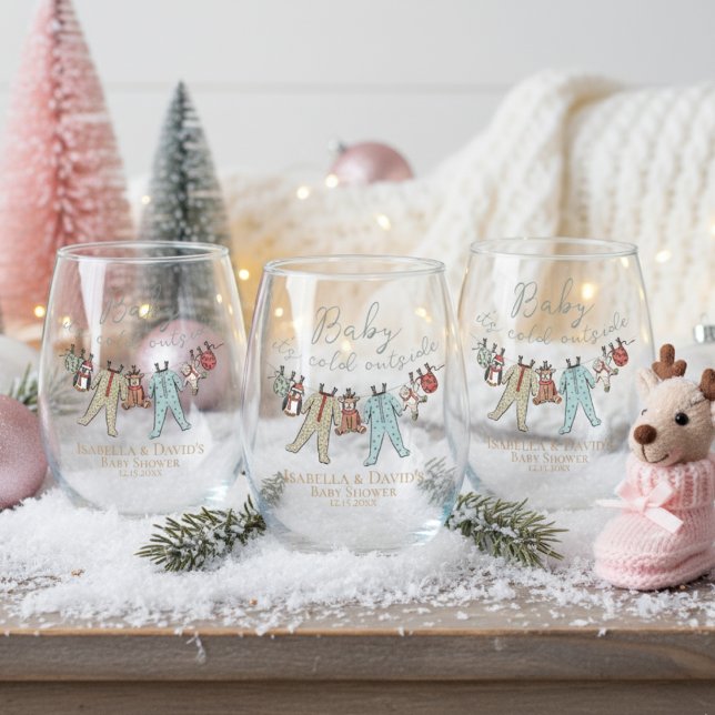 Vaso De Vino Bebé, frío fuera del Baby Shower invernal (Winter Baby Shower Baby It's Cold Outside Wine Glass for Her. Cute Christmas Pajamas, Winter Animals)