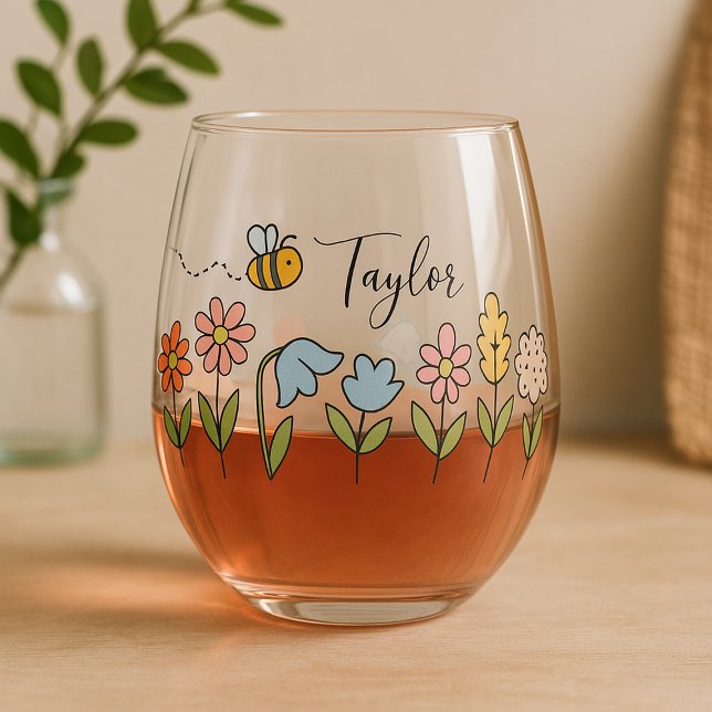 Vaso De Vino Bee and Colorful Flowers Personalized Gift (Bee and Colorful Flowers Personalized Gift Stemless Wine Glass by Ricaso  Add custom name. )