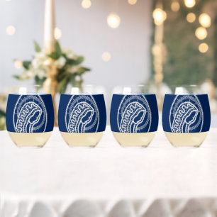 Vaso De Vino Bendita Virgen María, encaje blanco, azul marino