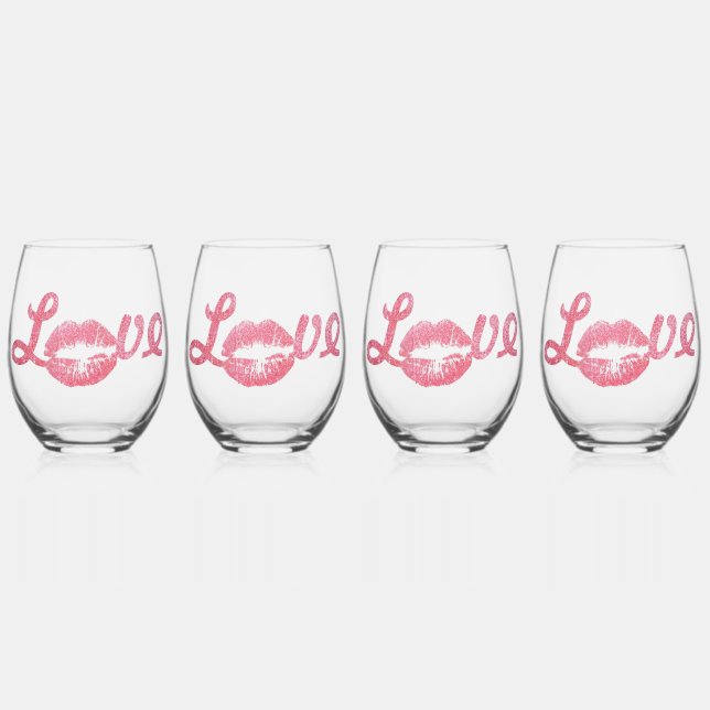 Vaso De Vino Beso de pintalabios rosados Purpurina (Anverso)