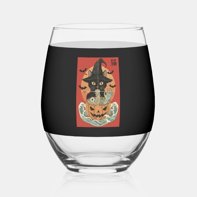 Vaso De Vino Black cat eats Japanese ramen for Halloween (Anverso)
