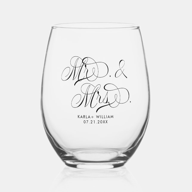 Vaso De Vino Black Mr. y Mrs. Elegant Script Typography (Anverso)