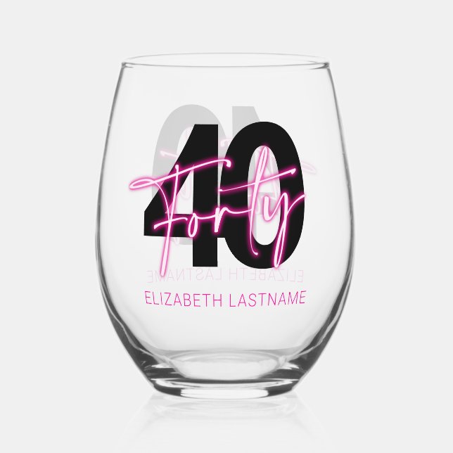 Vaso De Vino Black Neon Pink 40° cumpleaños (Anverso)