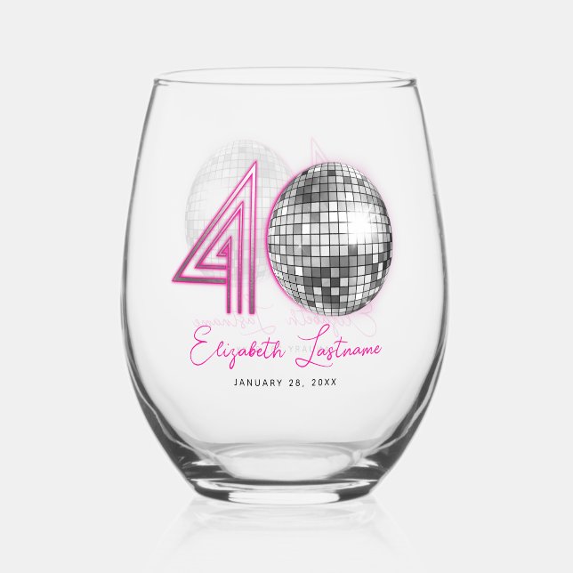 Vaso De Vino Black Neon Pink Disco Ball 40 cumpleaños (Anverso)