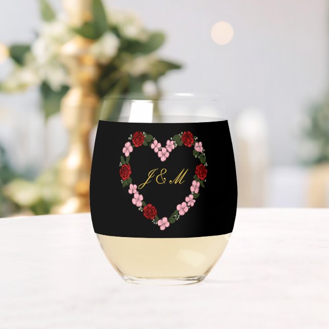 Vaso De Vino Black wine glass with pink and red hearts (Insitu (Boda))