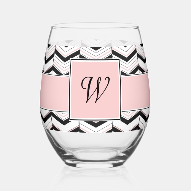 Vaso De Vino Blanco Negro y Chevron Rosa Claro (Anverso)