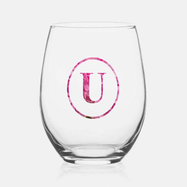 Vaso De Vino Blooming Floral Rosa Monograma Letras Art "U" (Anverso)