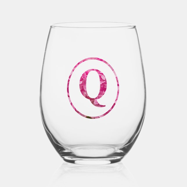 Vaso De Vino Blooming Floral Rosa Monograma Leyenda Art "Q" (Anverso)