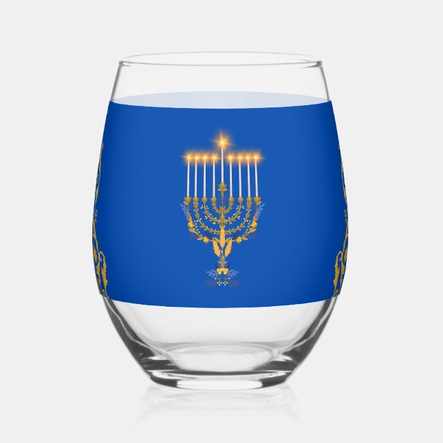 Vaso De Vino Blue Elegant Hanukkah Golden Menorah  (Anverso)