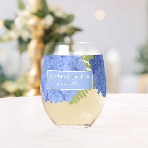 Vaso De Vino Blue Hydrangea Boda Floral Nombres personalizados