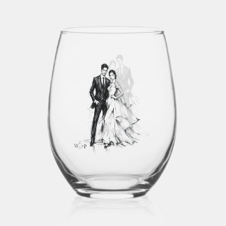 Vaso De Vino Boceto de moda moderno de pareja de novios en carb