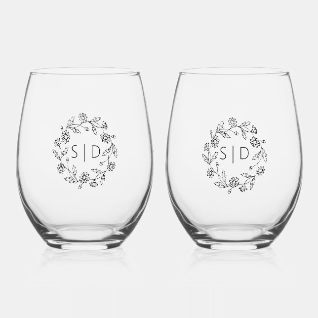 Vaso De Vino Boda Botánica negro blanco (Anverso)