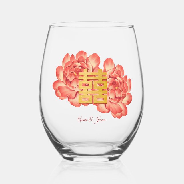 Vaso De Vino Boda chino Gold Double Xi Peony (Anverso)