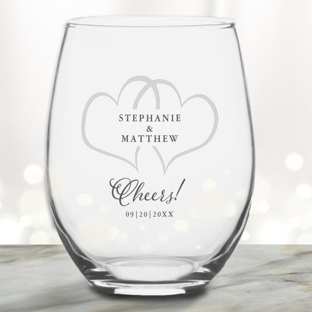 Vaso De Vino Boda Compromiso Corazones Nombres Fecha Personaliz (Cheers Wedding Engagement Hearts Names Date Custom Stemless Wine Glass)