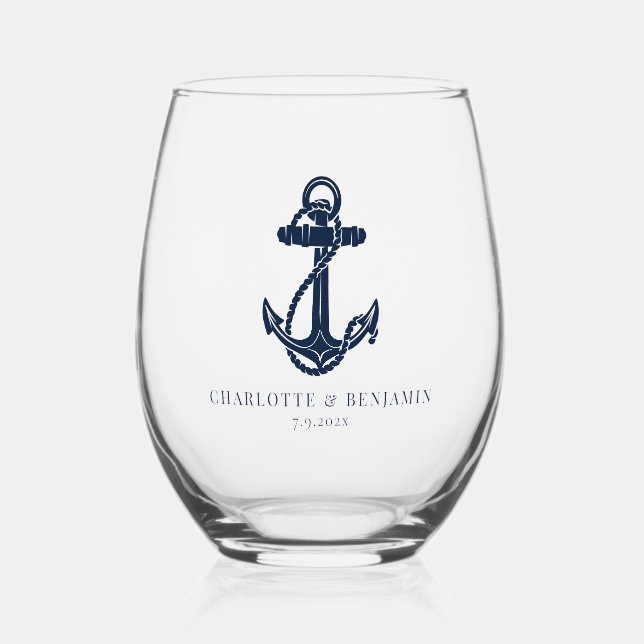 Vaso De Vino Boda Costera Ancla de Barco Náutico (Anverso)