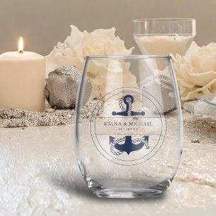 Vaso De Vino Boda de Anclaje de Ola Azul V2 ID836 de la Marina