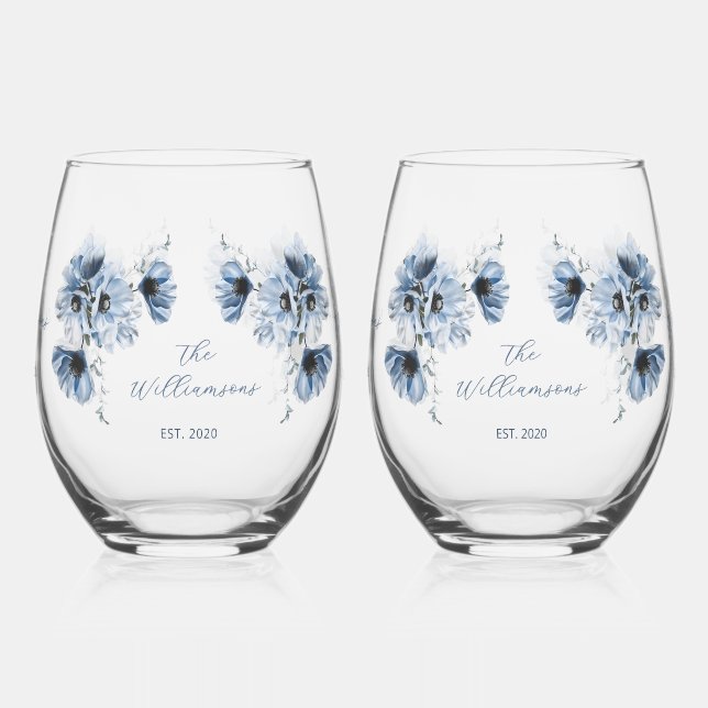 Vaso De Vino Boda de flores azules artísticas (Izquierda)