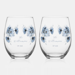 Vaso De Vino Boda de flores azules artísticas