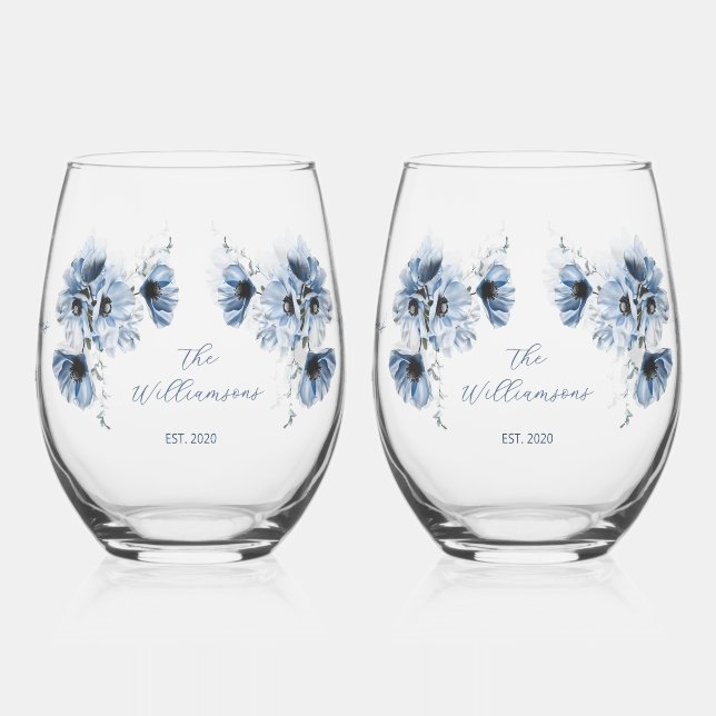 Vaso De Vino Boda de flores azules artísticas (Izquierda)
