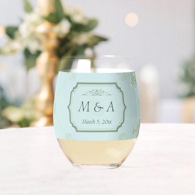 Vaso De Vino Boda de Flores Blancas Verde azuladas Pastel (Insitu (Boda))