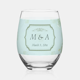 Vaso De Vino Boda de Flores Blancas Verde azuladas Pastel