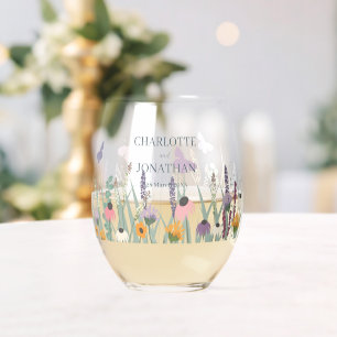 Vaso De Vino Boda de flores silvestres y mariposas