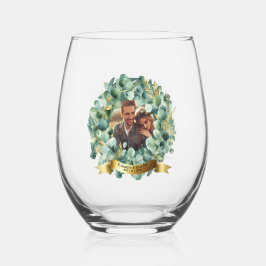 Vaso De Vino Boda de FOTO Newlyweds Eucalyptus deja regalo