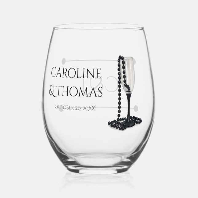 Vaso De Vino Boda de Glass Black & White Pearl Champagne (Reverso )
