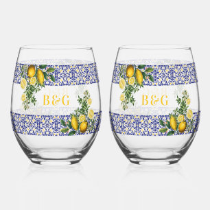 Vaso De Vino Boda de limón azul blanco amarillo mediterráneo