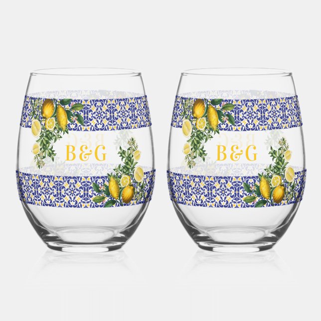 Vaso De Vino Boda de limón azul blanco amarillo mediterráneo (Anverso)