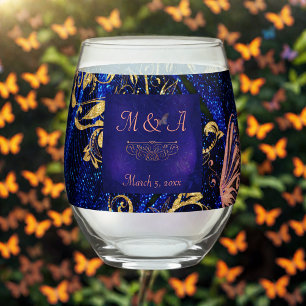 Vaso De Vino Boda de mariposa Royal Blue Gold