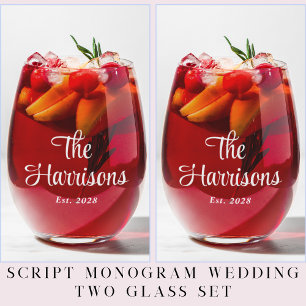 Vaso De Vino Boda de monograma de escritura blanca de estilo