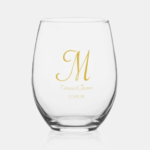 Vaso De Vino Boda de Monograma de Oro con Guión Simple Elegante