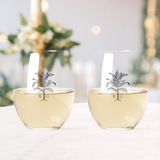 Vaso De Vino Boda de monograma de palmeras tropicales minimalis (Insitu (Boda))