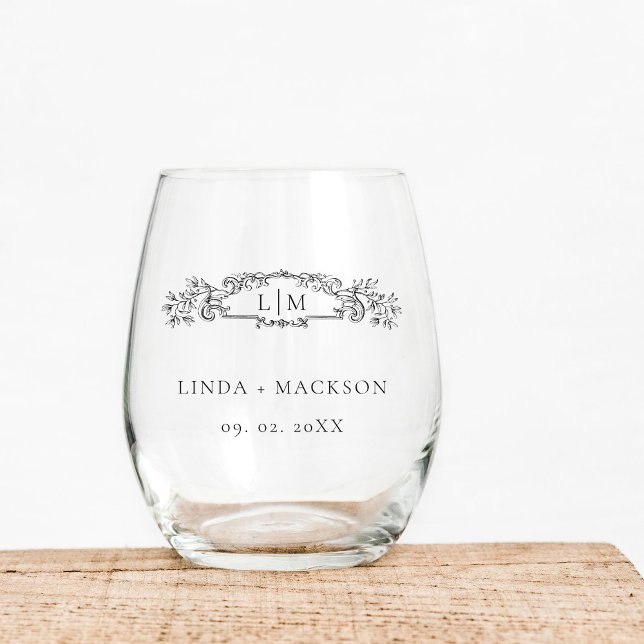 Vaso De Vino Boda de monograma escudo botánico elegante y de Mo (Subido por el creador)