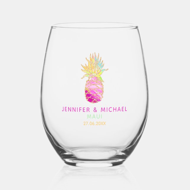 Vaso De Vino Boda de piña tropical colorida cúrcuma (Anverso)