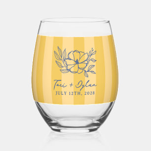 Vaso De Vino Boda de Ramillete Floral Amarillo Azul a Rayas