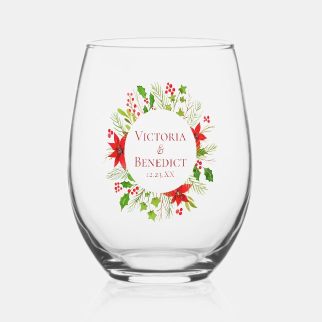Vaso De Vino Boda de vacaciones de Poinsettia Roja personalizad (Anverso)