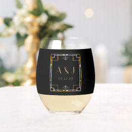 Vaso De Vino Boda Deco Monograma Negro Oro Vintage Años 20