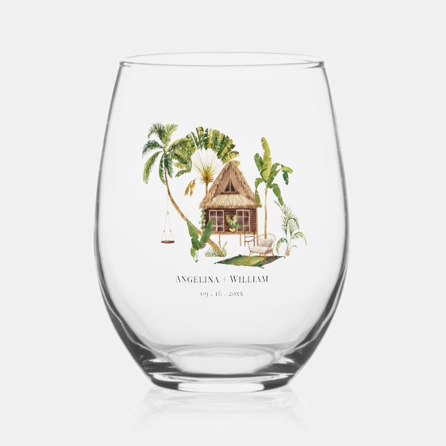 Vaso De Vino Boda del árbol de palmas tropical (Anverso)