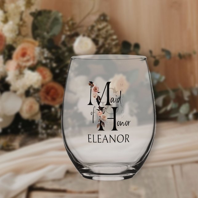 Vaso De Vino Boda del Partido Bridal de Carta floral Maid of Ho (Bridal party gift to personalize for your Maid of Honor)