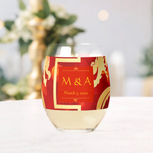 Vaso De Vino Boda Dragón Rojo y Oro