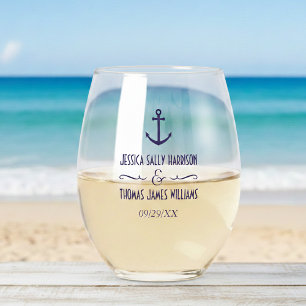 Vaso De Vino Boda elegante de ancla azul marino náutico