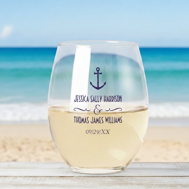 Vaso De Vino Boda elegante de ancla azul marino náutico (Subido por el creador)