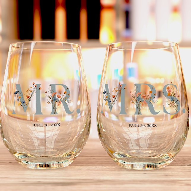 Vaso De Vino Boda floral elegante y audaz, Sr. y Sra. (Subido por el creador)