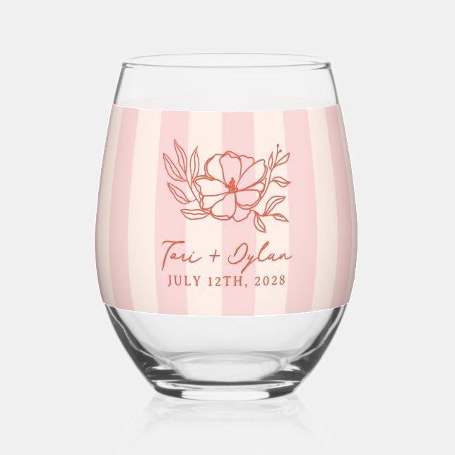 Vaso De Vino Boda Floral Rosa Bouquet Stripe (Anverso)