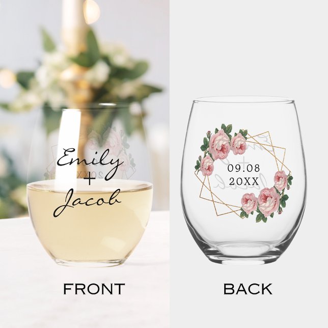 Vaso De Vino Boda Floral Rosa Geométrico Brillo Dorado Elegante (Elegant Gold Glitter Geometric Pink Floral Wedding Stemless Wine Glass)